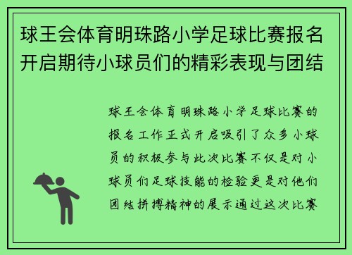 球王会体育明珠路小学足球比赛报名开启期待小球员们的精彩表现与团结拼搏精神