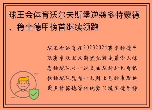 球王会体育沃尔夫斯堡逆袭多特蒙德，稳坐德甲榜首继续领跑