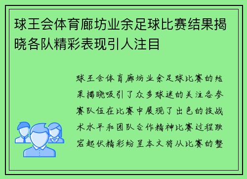 球王会体育廊坊业余足球比赛结果揭晓各队精彩表现引人注目