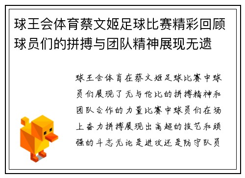 球王会体育蔡文姬足球比赛精彩回顾球员们的拼搏与团队精神展现无遗
