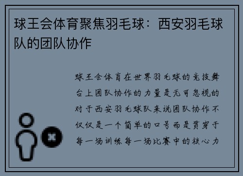 球王会体育聚焦羽毛球：西安羽毛球队的团队协作
