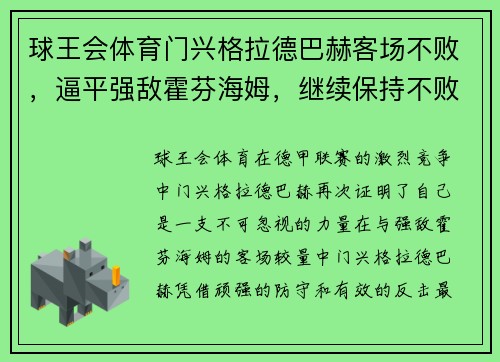 球王会体育门兴格拉德巴赫客场不败，逼平强敌霍芬海姆，继续保持不败纪录