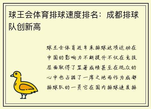 球王会体育排球速度排名：成都排球队创新高