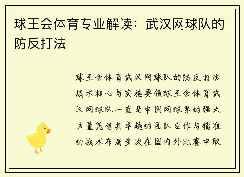 球王会体育专业解读：武汉网球队的防反打法