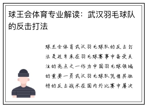 球王会体育专业解读：武汉羽毛球队的反击打法