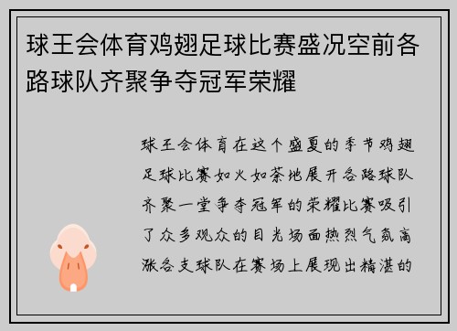 球王会体育鸡翅足球比赛盛况空前各路球队齐聚争夺冠军荣耀