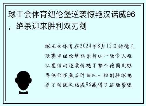 球王会体育纽伦堡逆袭惊艳汉诺威96，绝杀迎来胜利双刃剑