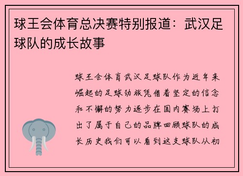 球王会体育总决赛特别报道：武汉足球队的成长故事